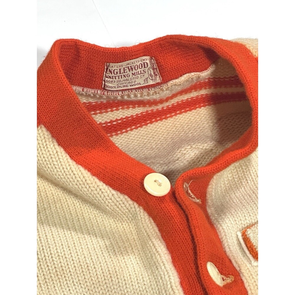 Vintage 1950s Chicago Letterman Cardigan Sweater Women Cream Orange Wool Patches - Picture 6 of 14
